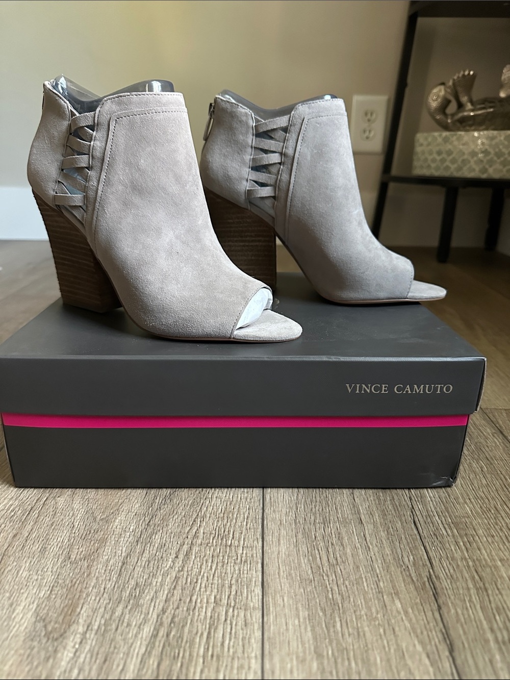 Vince Camuto Storm Grey Suede Peep-Toe Ankle Booties